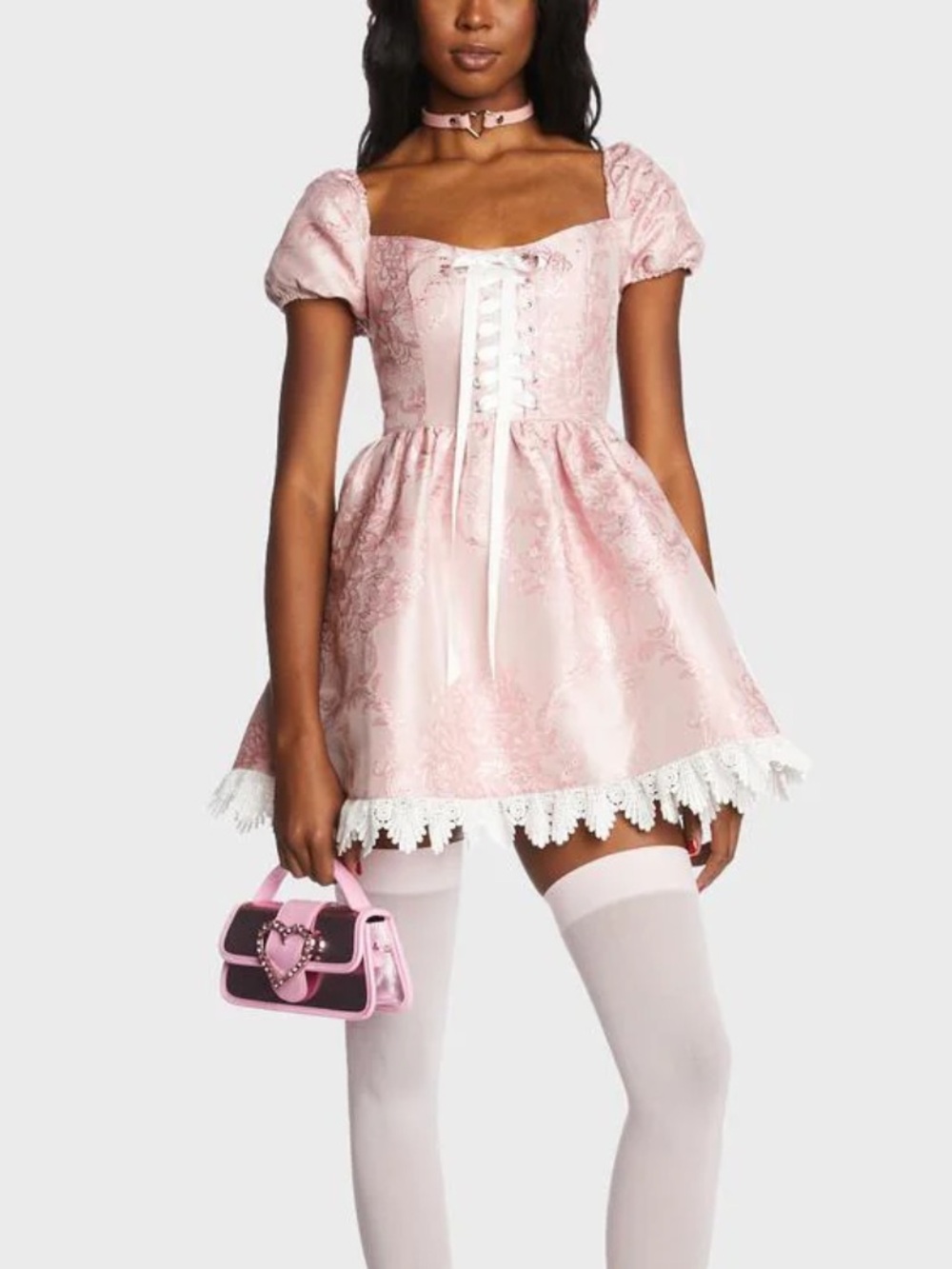 Sugar Thrillz Pink Jacquard Lace-Trim Mini Dress
